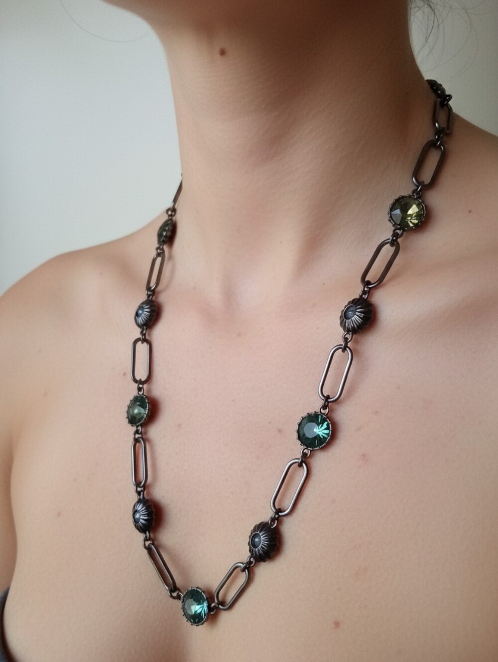 BOGO Vera Wang Long Decorative Metal Necklace in Dark Gunmetal Blue Green